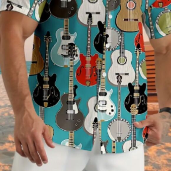 Guitar Graphic Men's Dress Shirt Button Front Short Sleeve Music Instrument - Picture 2 of 5